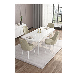 Are Serisi, 80x132 Mdf Açılabilir Beyaz Masa Takımı, 4 Sandalye Gold Halkalı Cappucino
