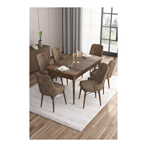 Are Serisi, Mdf 80x132 Açılabilir Barok Ahşap Desen Mutfak Masa Takımı, 6 Sandalye Gold Halkalı Kahverengi