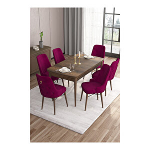 Are Serisi, Mdf 80x132 Açılabilir Barok Ahşap Desen Mutfak Masa Takımı, 6 Sandalye Gold Halkalı Mürdüm