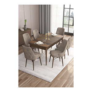 Are Serisi, Mdf 80x132 Açılabilir Barok Ahşap Desen Mutfak Masa Takımı, 6 Sandalye Gold Halkalı Cappucino