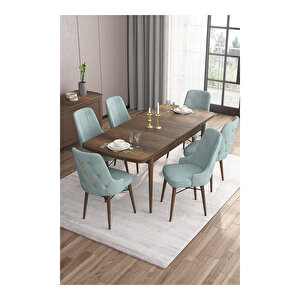 Are Serisi, Mdf 80x132 Açılabilir Barok Ahşap Desen Mutfak Masa Takımı, 6 Sandalye Gold Halkalı Su Yeşili