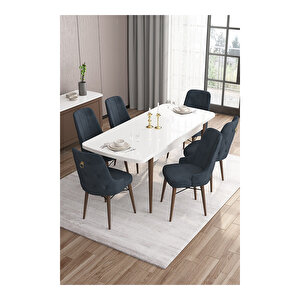 Are Serisi,beyaz Masa Ceviz Ayak Mdf 80x132 Açılabilir Yemek Odası Takımı,6 Sandalye Gold Halkalı Antrasit
