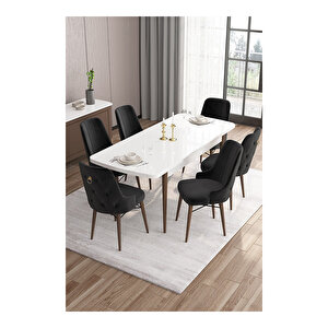 Are Serisi,beyaz Masa Ceviz Ayak Mdf 80x132 Açılabilir Yemek Odası Takımı,6 Sandalye Gold Halkalı Siyah