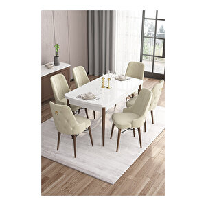 Are Serisi,beyaz Masa Ceviz Ayak Mdf 80x132 Açılabilir Yemek Odası Takımı,6 Sandalye Gold Halkalı Krem