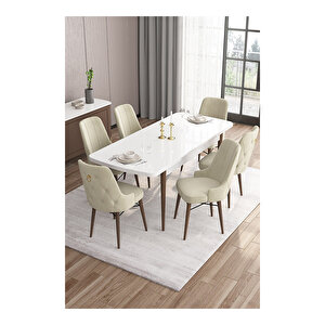 Are Serisi,beyaz Masa Ceviz Ayak Mdf 80x132 Açılabilir Yemek Odası Takımı,6 Sandalye Gold Halkalı Krem