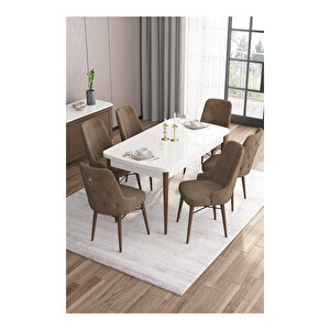 Are Serisi,beyaz Masa Ceviz Ayak Mdf 80x132 Açılabilir Yemek Odası Takımı,6 Sandalye Gold Halkalı Kahverengi
