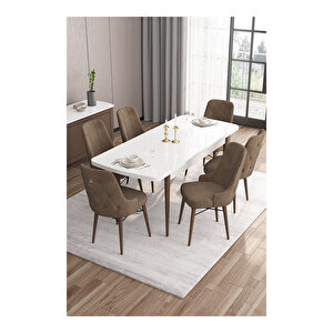 Are Serisi,beyaz Masa Ceviz Ayak Mdf 80x132 Açılabilir Yemek Odası Takımı,6 Sandalye Gold Halkalı Kahverengi