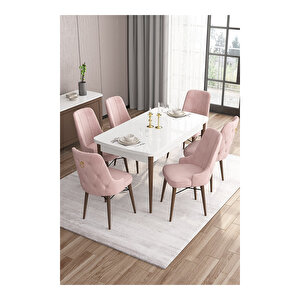 Are Serisi,beyaz Masa Ceviz Ayak Mdf 80x132 Açılabilir Yemek Odası Takımı,6 Sandalye Gold Halkalı Pembe