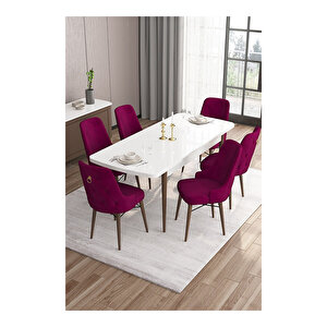 Are Serisi,beyaz Masa Ceviz Ayak Mdf 80x132 Açılabilir Yemek Odası Takımı,6 Sandalye Gold Halkalı