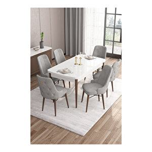 Are Serisi,beyaz Masa Ceviz Ayak Mdf 80x132 Açılabilir Yemek Odası Takımı,6 Sandalye Gold Halkalı Gri