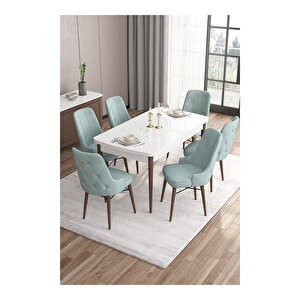 Are Serisi,beyaz Masa Ceviz Ayak Mdf 80x132 Açılabilir Yemek Odası Takımı,6 Sandalye Gold Halkalı Su Yeşili