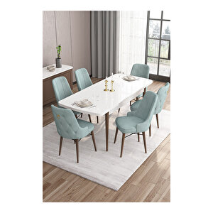 Are Serisi,beyaz Masa Ceviz Ayak Mdf 80x132 Açılabilir Yemek Odası Takımı,6 Sandalye Gold Halkalı Su Yeşili