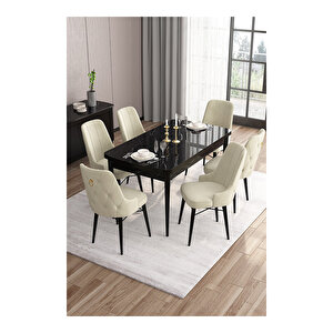 Are Serisi, 80x132 Mdf Açılabilir Siyah Mermer Desen Masa Takımı, 6 Sandalye Gold Halkalı Krem