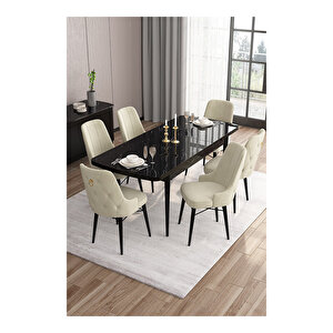 Are Serisi, 80x132 Mdf Açılabilir Siyah Mermer Desen Masa Takımı, 6 Sandalye Gold Halkalı Krem