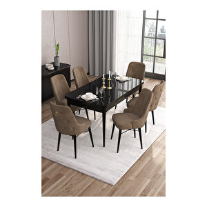 Are Serisi, 80x132 Mdf Açılabilir Siyah Mermer Desen Masa Takımı, 6 Sandalye Gold Halkalı Kahverengi
