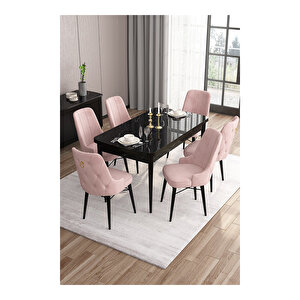 Are Serisi, 80x132 Mdf Açılabilir Siyah Mermer Desen Masa Takımı, 6 Sandalye Gold Halkalı Pembe