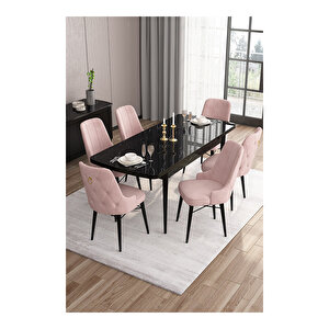 Are Serisi, 80x132 Mdf Açılabilir Siyah Mermer Desen Masa Takımı, 6 Sandalye Gold Halkalı Pembe