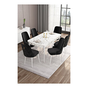Are Serisi, 80x132 Mdf Açılabilir Beyaz Mermer Desen Masa Takımı, 6 Sandalye Gold Halkalı Siyah