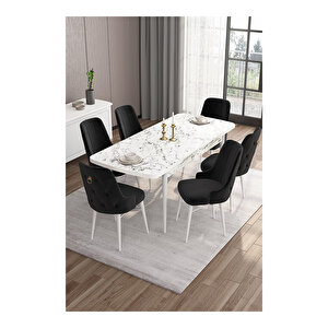 Are Serisi, 80x132 Mdf Açılabilir Beyaz Mermer Desen Masa Takımı, 6 Sandalye Gold Halkalı Siyah