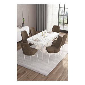 Are Serisi, 80x132 Mdf Açılabilir Beyaz Mermer Desen Masa Takımı, 6 Sandalye Gold Halkalı Kahverengi
