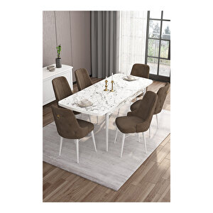 Are Serisi, 80x132 Mdf Açılabilir Beyaz Mermer Desen Masa Takımı, 6 Sandalye Gold Halkalı Kahverengi