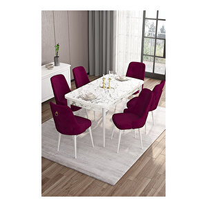 Are Serisi, 80x132 Mdf Açılabilir Beyaz Mermer Desen Masa Takımı, 6 Sandalye Gold Halkalı Mürdüm