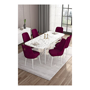 Are Serisi, 80x132 Mdf Açılabilir Beyaz Mermer Desen Masa Takımı, 6 Sandalye Gold Halkalı Mürdüm