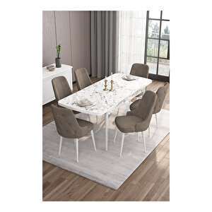 Are Serisi, 80x132 Mdf Açılabilir Beyaz Mermer Desen Masa Takımı, 6 Sandalye Gold Halkalı Cappucino