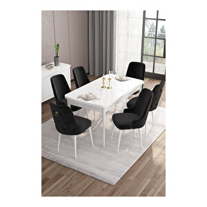 Are Serisi, 80x132 Mdf Açılabilir Beyaz Masa Takımı, 6 Sandalye Gold Halkalı Siyah