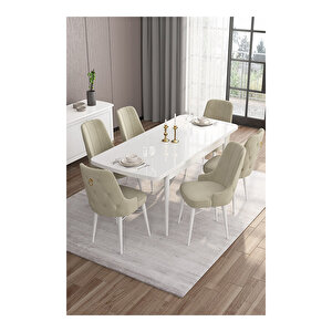 Are Serisi, 80x132 Mdf Açılabilir Beyaz Masa Takımı, 6 Sandalye Gold Halkalı Krem