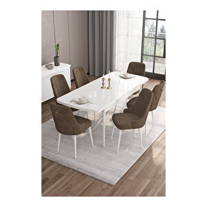 Are Serisi, 80x132 Mdf Açılabilir Beyaz Masa Takımı, 6 Sandalye Gold Halkalı Kahverengi