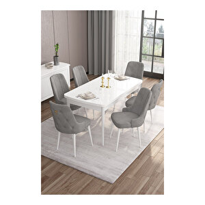 Are Serisi, 80x132 Mdf Açılabilir Beyaz Masa Takımı, 6 Sandalye Gold Halkalı Gri