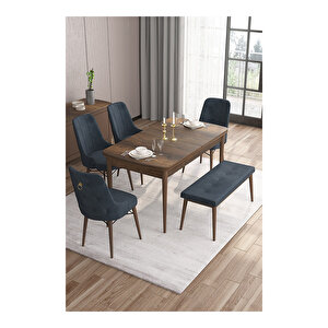 Are Serisi, Mdf 80x132 Açılabilir Barok Ahşap Desen Mutfak Masa Takımı, 4 Sandalye Gold Halkalı Ve 1 Bench Antrasit