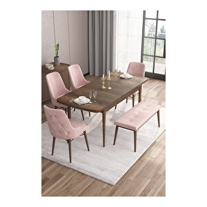 Are Serisi, Mdf 80x132 Açılabilir Barok Ahşap Desen Mutfak Masa Takımı, 4 Sandalye Gold Halkalı Ve 1 Bench Pembe