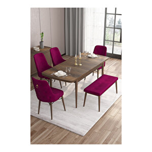 Are Serisi, Mdf 80x132 Açılabilir Barok Ahşap Desen Mutfak Masa Takımı, 4 Sandalye Gold Halkalı Ve 1 Bench Mürdüm