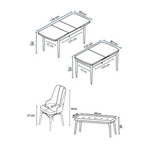 Are Serisi, Mdf 80x132 Açılabilir Barok Ahşap Desen Mutfak Masa Takımı, 4 Sandalye Gold Halkalı Ve 1 Bench