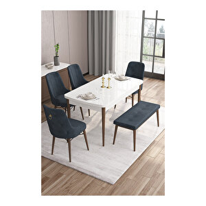 Are Serisi,beyaz Masa Ceviz Ayak Mdf 80x132 Açılabilir Yemek Odası Takımı,4 Sandalye Gold Halkalı Ve 1 Bench Antrasit