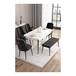 Are Serisi,beyaz Masa Ceviz Ayak Mdf 80x132 Açılabilir Yemek Odası Takımı,4 Sandalye Gold Halkalı Ve 1 Bench Siyah
