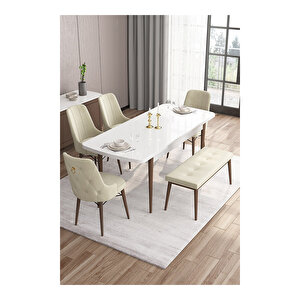 Are Serisi,beyaz Masa Ceviz Ayak Mdf 80x132 Açılabilir Yemek Odası Takımı,4 Sandalye Gold Halkalı Ve 1 Bench Krem
