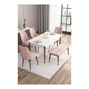 Are Serisi,beyaz Masa Ceviz Ayak Mdf 80x132 Açılabilir Yemek Odası Takımı,4 Sandalye Gold Halkalı Ve 1 Bench Pembe