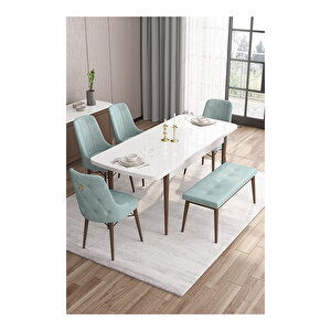 Are Serisi,beyaz Masa Ceviz Ayak Mdf 80x132 Açılabilir Yemek Odası Takımı,4 Sandalye Gold Halkalı Ve 1 Bench Su Yeşili