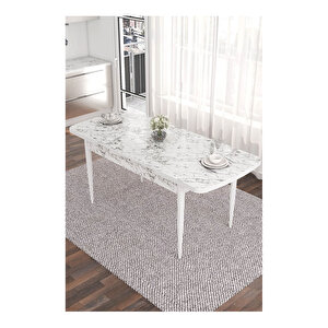 Are Serisi, 80x132 Mdf Açılabilir Beyaz Mermer Desen Masa Takımı, 4 Sandalye Gold Halkalı Ve 1 Bench Siyah