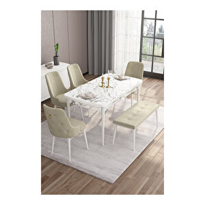 Are Serisi, 80x132 Mdf Açılabilir Beyaz Mermer Desen Masa Takımı, 4 Sandalye Gold Halkalı Ve 1 Bench Krem
