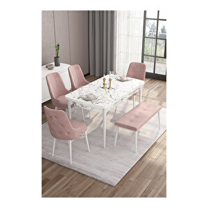 Are Serisi, 80x132 Mdf Açılabilir Beyaz Mermer Desen Masa Takımı, 4 Sandalye Gold Halkalı Ve 1 Bench Pembe