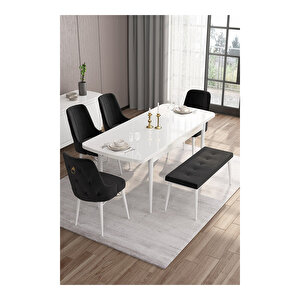 Are Serisi, 80x132 Mdf Açılabilir Beyaz Masa Takımı, 4 Sandalye Gold Halkalı Ve 1 Bench Siyah