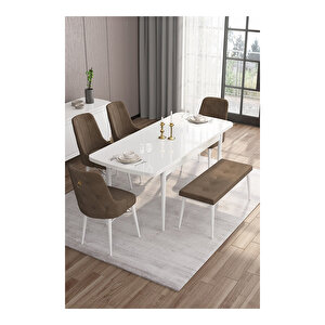 Are Serisi, 80x132 Mdf Açılabilir Beyaz Masa Takımı, 4 Sandalye Gold Halkalı Ve 1 Bench Kahverengi