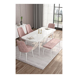 Are Serisi, 80x132 Mdf Açılabilir Beyaz Masa Takımı, 4 Sandalye Gold Halkalı Ve 1 Bench Pembe