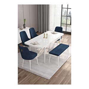 Are Serisi, 80x132 Mdf Açılabilir Beyaz Masa Takımı, 4 Sandalye Gold Halkalı Ve 1 Bench Lacivert