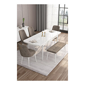 Are Serisi, 80x132 Mdf Açılabilir Beyaz Masa Takımı, 4 Sandalye Gold Halkalı Ve 1 Bench Cappucino