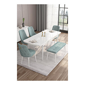 Are Serisi, 80x132 Mdf Açılabilir Beyaz Masa Takımı, 4 Sandalye Gold Halkalı Ve 1 Bench Su Yeşili